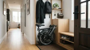 An electric ride-on vehicle for adults commuting short distance stored compactly in a modern apartment hallway.