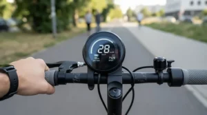 An electric ride-on vehicle for adults commuting short distance showing a clear battery range indicator on the digital dashboard.