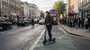 An electric ride-on vehicle for adults commuting short distance navigating a busy city street during morning rush hour.