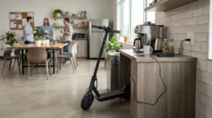 An electric ride-on vehicle for adults commuting short distance plugged into a wall outlet in an office building.