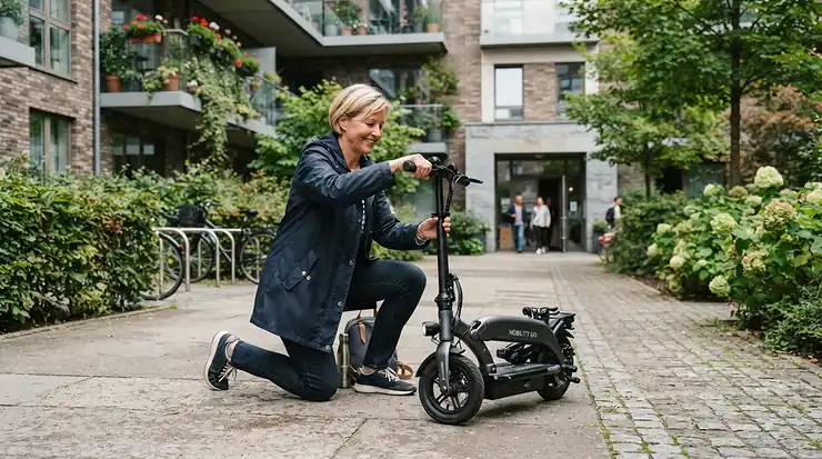 An electric ride-on vehicle for adults commuting short distance being unfolded quickly before a rapid trip.