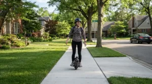 An electric ride-on vehicle for adults commuting short distance traveling safely along a suburban neighborhood sidewalk.