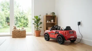Electric scooter alternative ride-on for teens plugged into a wall outlet in a clean indoor room