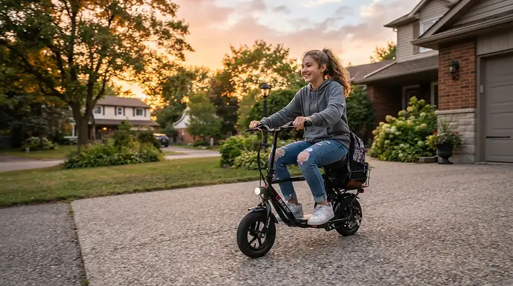 Teen riding an electric scooter alternative ride-on for teens on a suburban asphalt driveway during golden hour