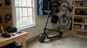 Electric scooter alternative ride-on for teens parked compactly inside a tidy suburban home garage