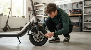 Teen checking a low-maintenance electric scooter alternative ride-on for teens in a bright workshop space