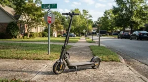 Electric scooter alternative ride-on for teens parked near a local community street sign on a sunny day