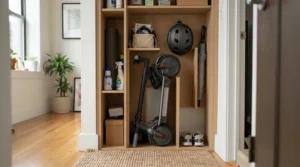 A folding electric adult ride-on car stored compactly inside a modern apartment closet
