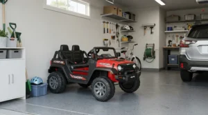 Storing a front and back two seater ride on car for narrow driveways inside a compact residential garage next to shelving.
