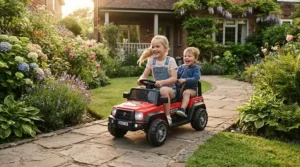 Navigating a curved paver stone path with a front and back two seater ride on car for narrow driveways.