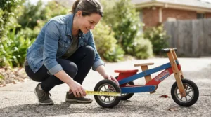 Checking the vehicle width of a front and back two seater ride on car for narrow driveways parked on a driveway apron.
