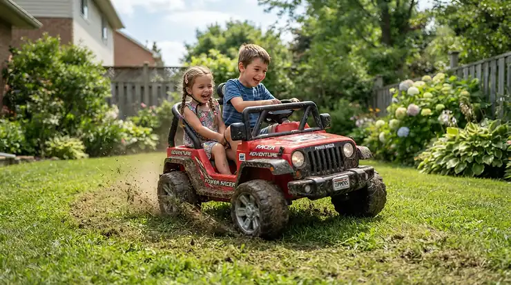 Kids making a sharp U-turn in a front and back two seater ride on car for narrow driveways in a small backyard.