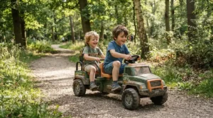 A front and back two seater ride on car for narrow driveways steering between closely spaced trees in a neighborhood park.