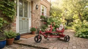 A front and back two seater ride on car for narrow driveways parked outside the front steps of an urban townhouse.