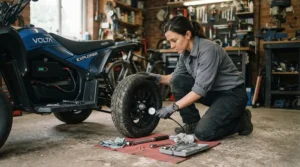 Routine maintenance being performed on the wheels of an adult ride-on car in a workshop