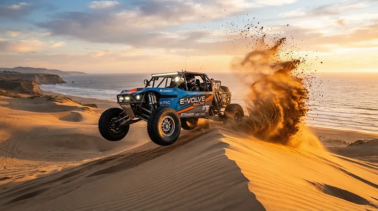 An off-road electric vehicle for adults speeding across coastal sand dunes during sunset.