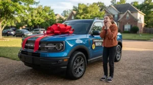A teen receiving a ride-on vehicle for teens as a birthday gift decorated with a giant red bow