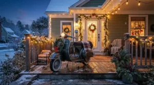 Winter holiday celebration featuring a ride-on vehicle for teens parked by a decorated porch