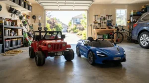 Side-by-side specs review of a high-performance ride-on vehicle for teens in a modern garage