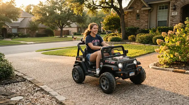 A teen driving a sleek ride-on vehicle for teens on a suburban driveway during golden hour