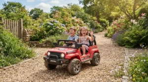 Children driving a side by side electric ride on car for siblings on a backyard lawn pathway.