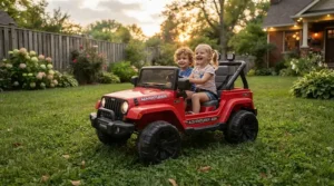 An affordable side by side electric ride on car for siblings parked on green grass in a backyard.