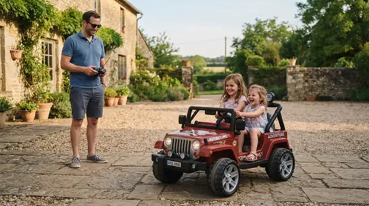 A parent supervising with a remote while kids drive a side by side electric ride on car for siblings.