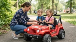A parent adjusting safety belts in a side by side electric ride on car for siblings before a fun ride.