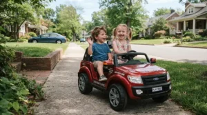 Siblings taking turns and playing happily around a side by side electric ride on car for siblings outdoors.