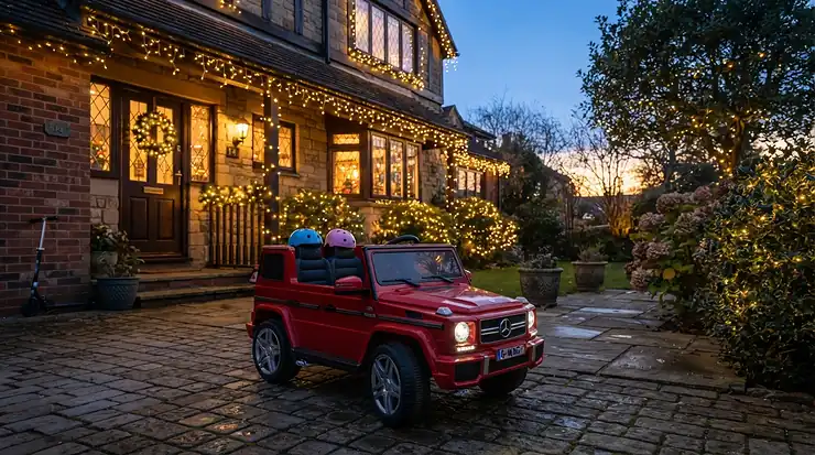 A two seater ride on car for Christmas gift illuminated by outdoor holiday house lights at dusk