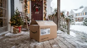 A large delivery box containing a two seater ride on car for Christmas gift on a snow-dusted porch
