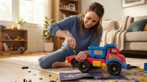 A parent assembling a two seater ride on car for Christmas gift with basic tools in a living room