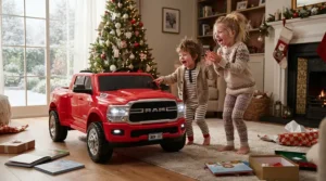 Two smiling siblings discovering a two seater ride on car for Christmas gift in the morning