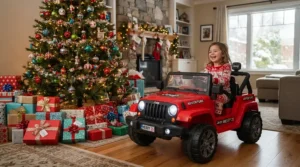 A two seater ride on car for Christmas gift parked under a glowing pine tree with wrapped boxes