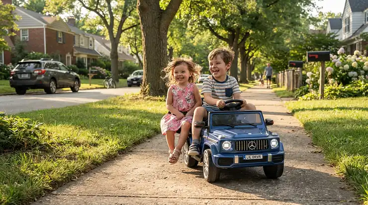 Cruising down the sidewalk in a two seater ride on truck vs two seater ride on UTV for kids