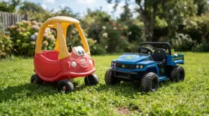 A side-by-side parked lineup demonstrating a two seater ride on truck vs two seater ride on UTV for kids